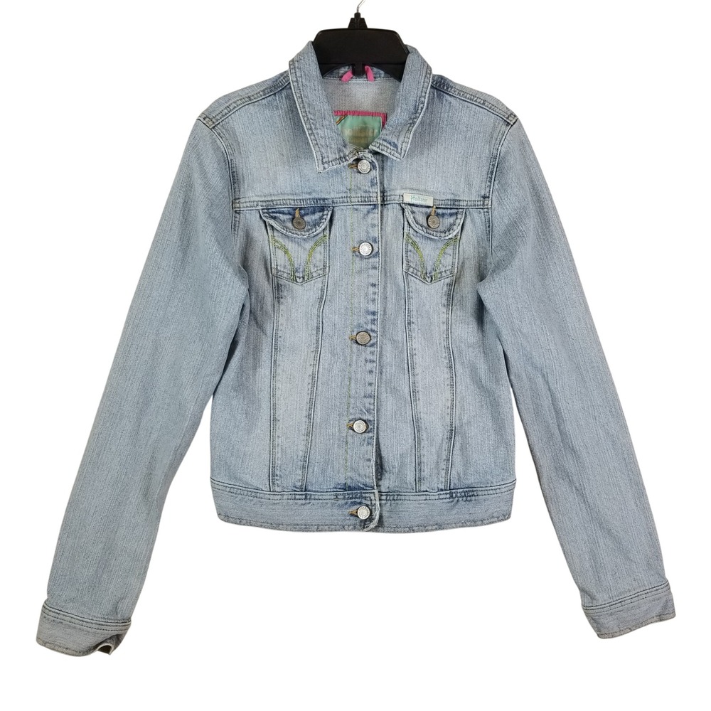 VTG Hollister Co Womens Light Wash Denim Trucker Jacket Blue Sz L Stretch